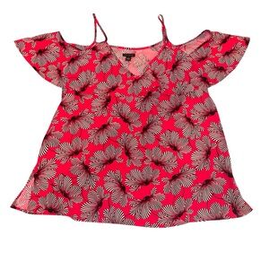 Ann Taylor Women’s Medium Zebra Flower Cold Shoulder Ruffle Sleeve Blouse Pink